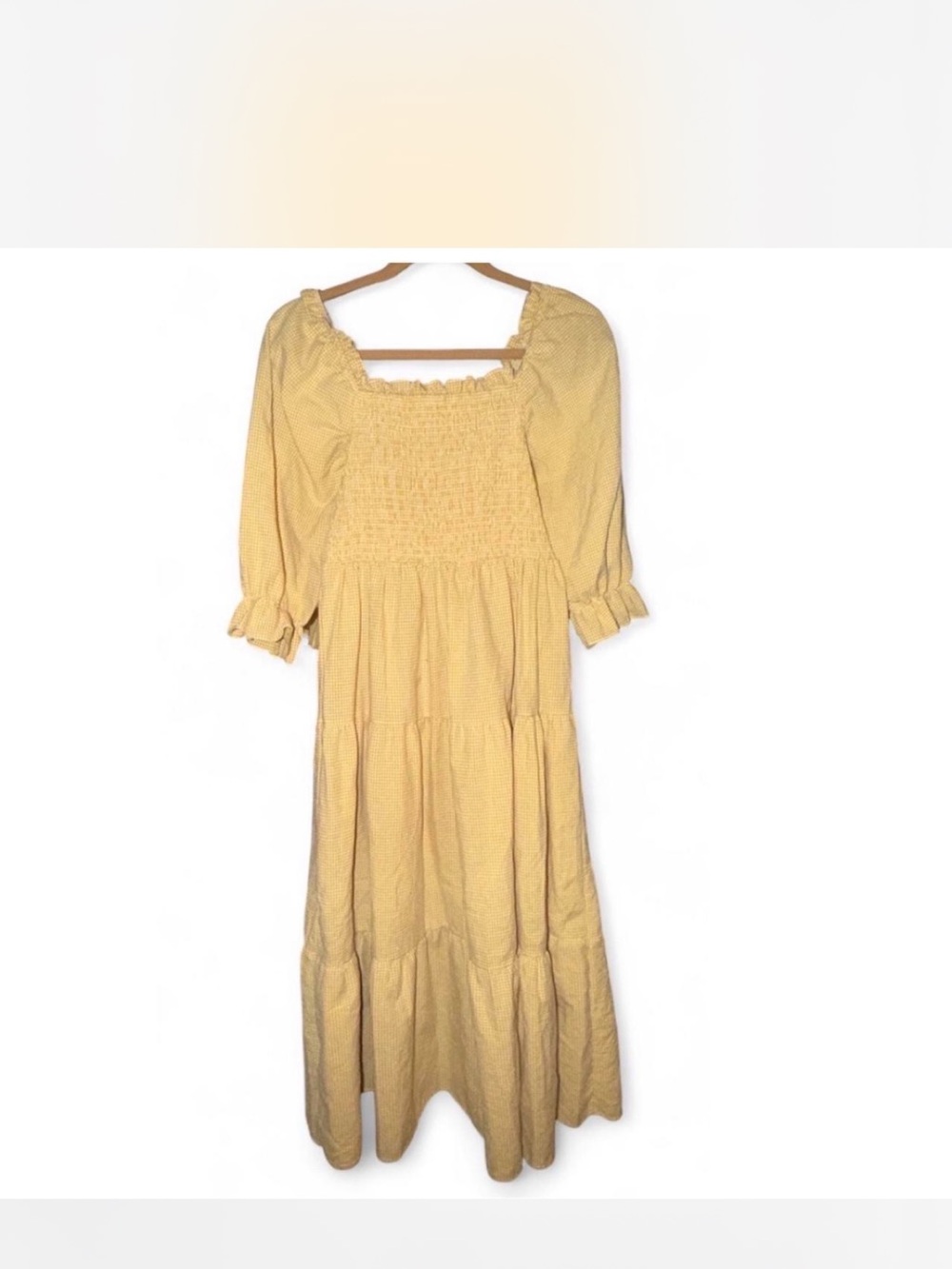 Gingham Smocked Square-Neck Midi Dress in Yellow